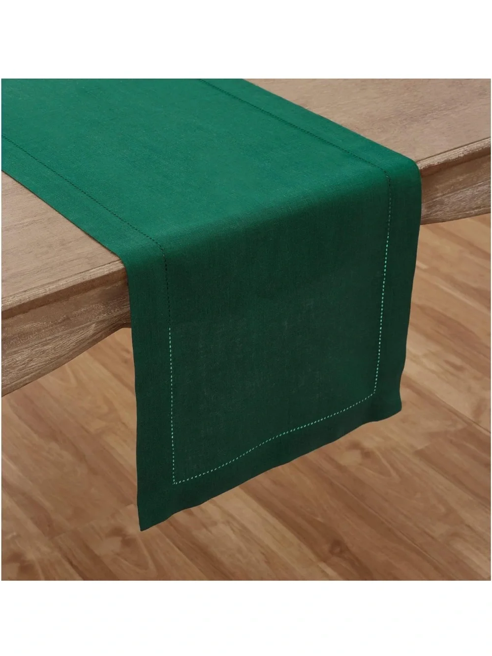 NEW Solino Home 100% Pure Linen Rainforest Green Table Runner, Classic Hemstitch